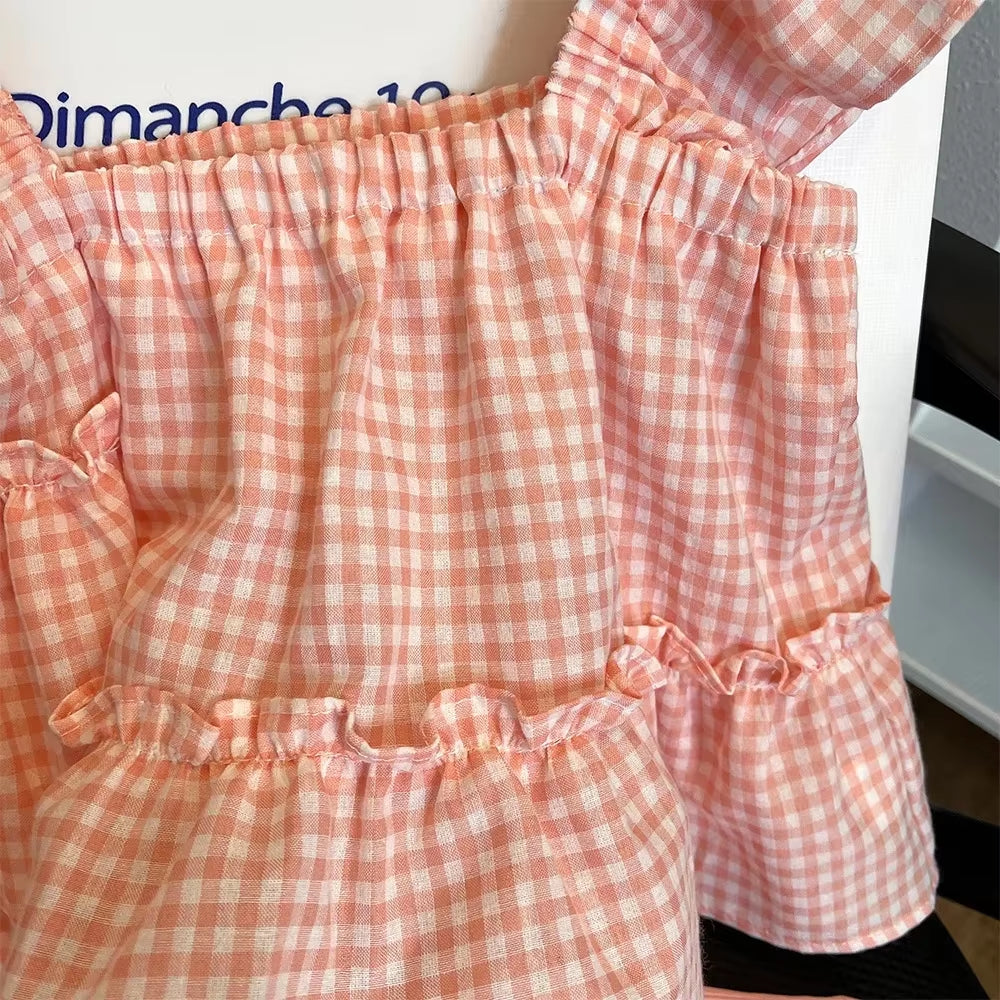 Summer Kids Clothes Green Plaid Fly Sleeved Top+Solid Color Casual Pants 2-Piece Set Girl Clothes Vest Set Kids Clothes Girls