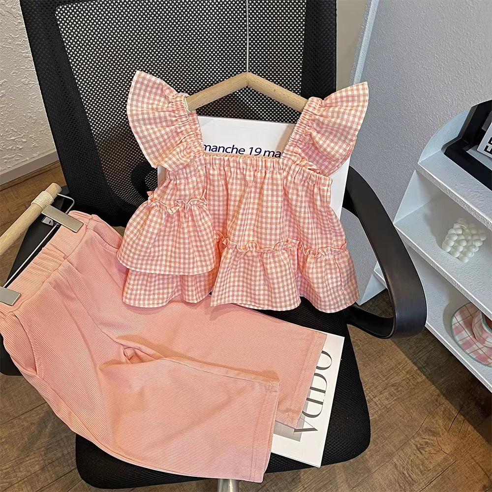 Summer Kids Clothes Green Plaid Fly Sleeved Top+Solid Color Casual Pants 2-Piece Set Girl Clothes Vest Set Kids Clothes Girls