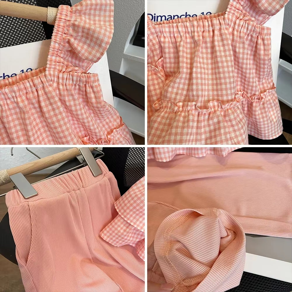 Summer Kids Clothes Green Plaid Fly Sleeved Top+Solid Color Casual Pants 2-Piece Set Girl Clothes Vest Set Kids Clothes Girls