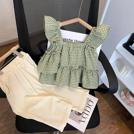 Summer Kids Clothes Green Plaid Fly Sleeved Top+Solid Color Casual Pants 2-Piece Set Girl Clothes Vest Set Kids Clothes Girls