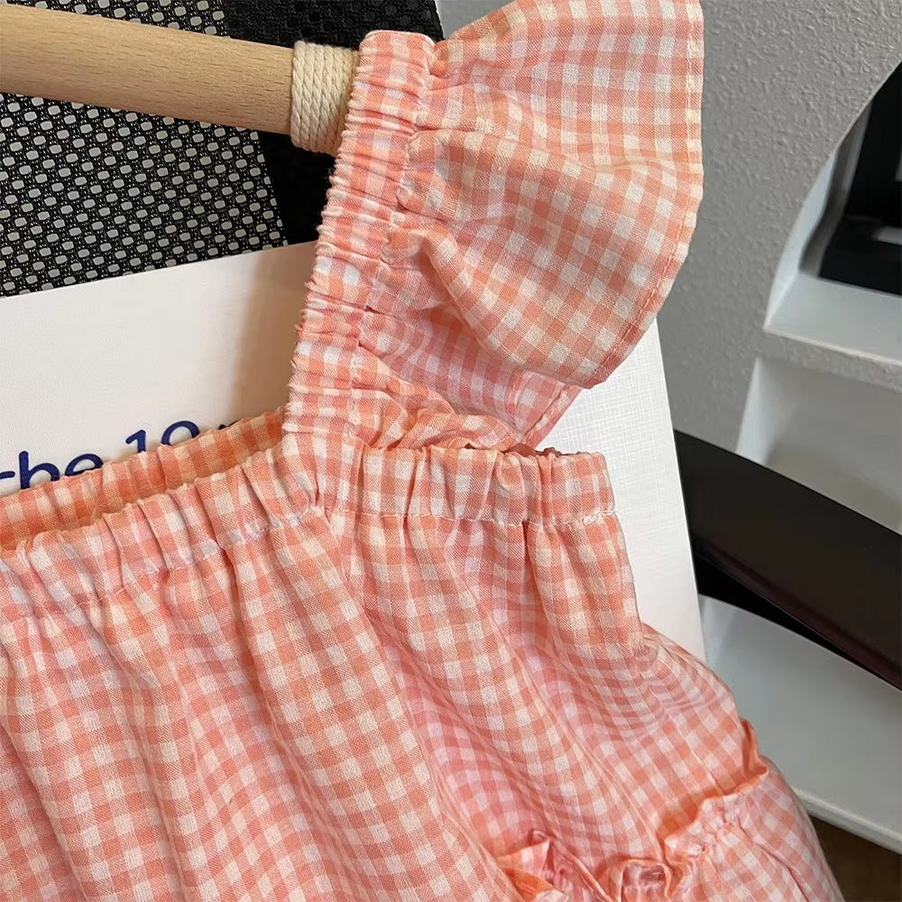 Summer Kids Clothes Green Plaid Fly Sleeved Top+Solid Color Casual Pants 2-Piece Set Girl Clothes Vest Set Kids Clothes Girls